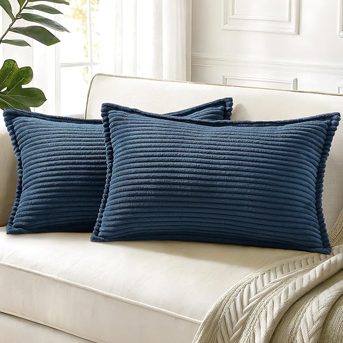 decorUhome Corduroy Navy Blue Throw Pillow Covers 12x20 Set of 2 Decorative Soft Boho Farmhouse Lumbar Euro Couch Pillow Covers for Living Room Bed Sofa Broadside Striped Pillow Cases