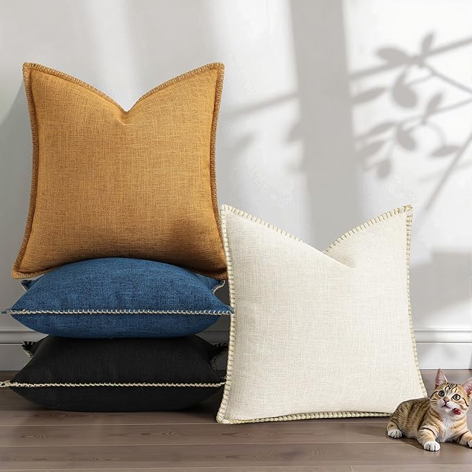 decorUhome Decorative Outdoor Throw Pillow Covers 16x16 Set of 2, Square Linen Rustic Neutral Farmhouse Euro Pillow Covers with Stitched Edge for Couch, Sofa, Living Room, Black