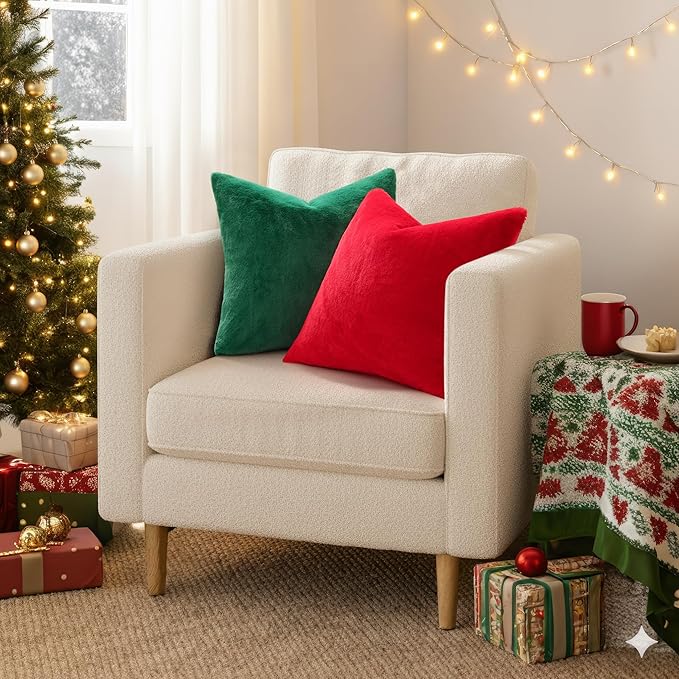 Pallene Faux Fur Plush Christmas Throw Pillow Covers 24x24 Set of 2, Soft Fluffy Couch Pillow Covers for Living Room, Christmas Green
