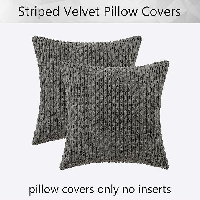 Kevin Textile Pack of 2 Corduroy Decorative Throw Pillow Covers 22x22 Inch Soft Boho Striped Pillow Covers Modern Farmhouse Home Decor for Spring Sofa Living Room Couch Bed Dark Grey