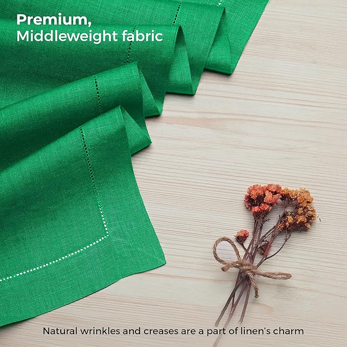 D'Moksha Homes Linen Kelly Green Table Runner 84 Inches Long - 100% Pure Linen Table Runner 14 x 84 Inch for Fall, Autumn and Halloween - Classic Hemstitch