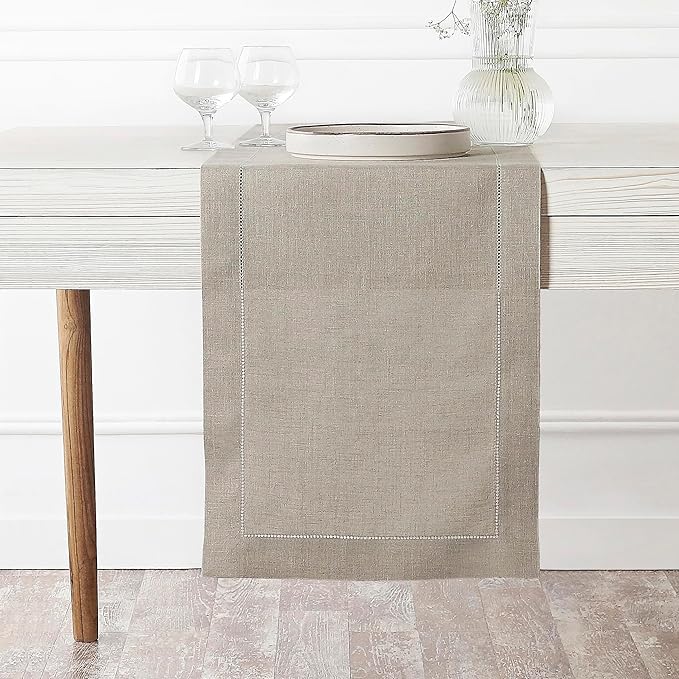 D'Moksha Homes Linen Natural Table Runner 36 Inches - 100% Pure Linen Small Table Runner 14 x 36 Inch Ideal for Dresser, Coffee Tables, Fall and Halloween - Classic Hemstitch - Classic Hemstitch