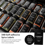 Glass Spice Jars with Labels (24 x 4oz) Spice Containers with 240 Labels, Shaker Inserts, Funnel, Empty Square Empty Square Seasoning Organizer (Black Lids)