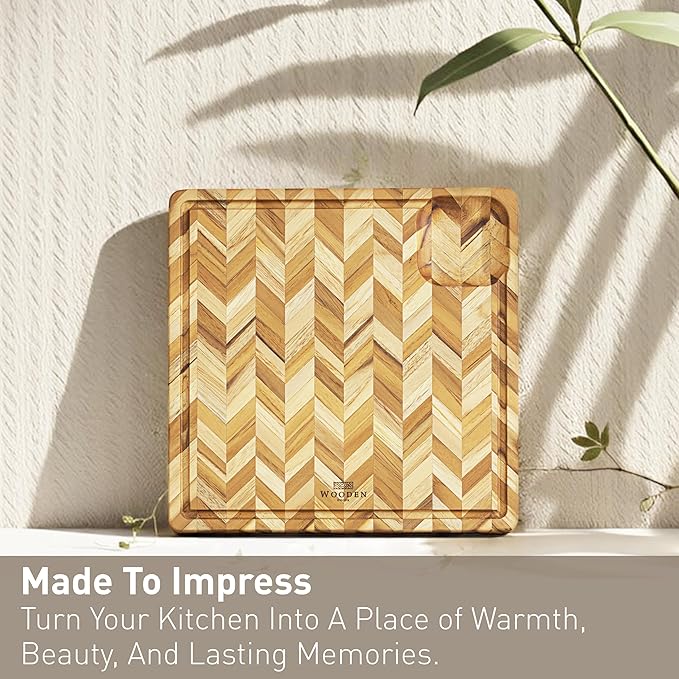 Teak Cutting Board for Kitchen (Small) – Herringbone Butcher Block with Juice Groove & Corner Well, Charcuterie Board, Food-Safe, Gift-Ready, 11.8 x 11.8 x 1 in