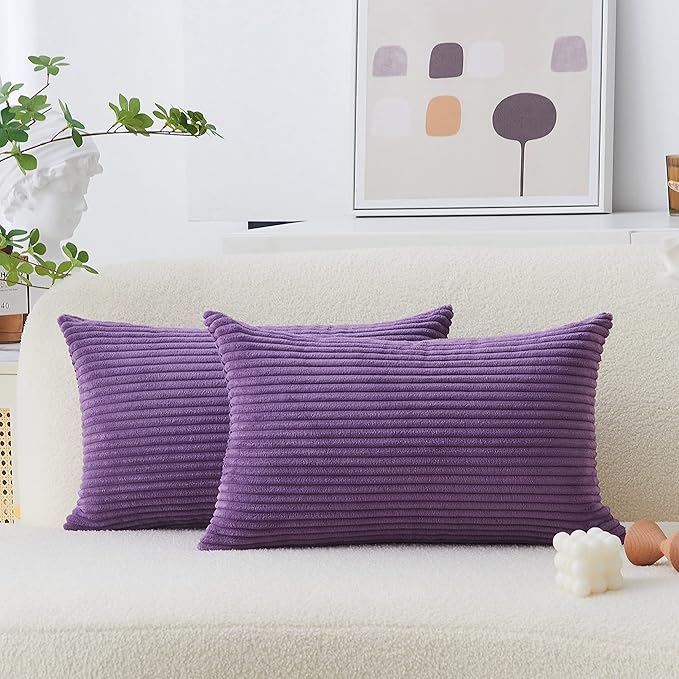 Home Brilliant Purple Throw Pillow Covers 12x20 Set of 2 Striped Velvet Corduroy Oblong Pillow Accent Lumbar Pillow Cover for Car Office Living Room, 12 x 20 inch, Eggplant