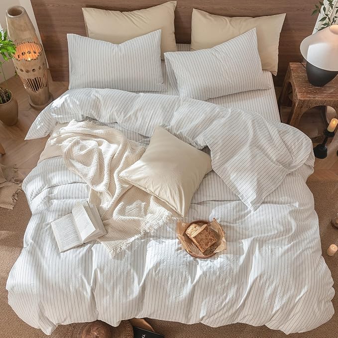MooMee Striped Duvet Cover Set 100% Washed Cotton Linen Like Textured Breathable Durable Soft Comfy (White Cornflower Blue Wide Stripes, Oversized Queen 98"x98")