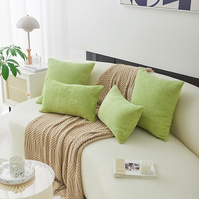 Home Brilliant Green Lumbar Pillow Covers 12x20 Set of 2 Oblong Striped Corduroy Rectangle Spring Pillow Covers Chair Couch for Spring Decor, 12 x 20 inch, Apple Green