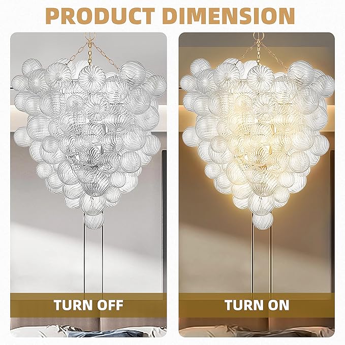 Longree Mid Century Bubble Ball Swirled Glass Chandelier, 36 * 44 in. 2-Tier Frame Gild Gold and Clear Blown Glass Large Cluster Bbble Pendant Light Fixture for Bedroom Restaurant Dining Room