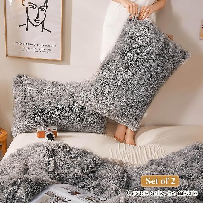 XeGe Fluffy Faux Fur Pillow Cases, Plush Shaggy Ultra Soft Fuzzy Pillowcases, Crystal Velvet Furry Decorative Pillow Shams with Zipper Closure, Set of 2(Standard, Light Gray Ombre)