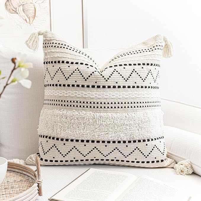 BlissBlush Decorative Throw Pillow Cover 20x20 Square Boho Black Neutral White Accent Pillowcase Tassels Farmhouse Cushion for Couch Sofa Bedroom Living Room Home Décor (Cover ONLY, Pack of 1)