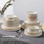 LIANYU 24 Piece Stoneware Plates and Bowls Dishes Set for 6, Dinnerware Sets with Pasta Bowls, Ribbed Dining Ware Dishware for Home Wedding, Microwave and Dishwasher Safe, Dawn Beige