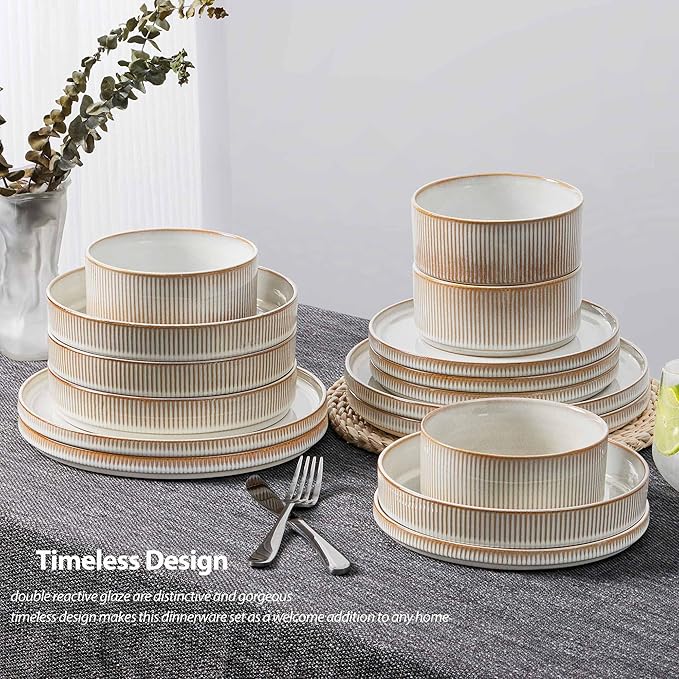LIANYU 24 Piece Stoneware Plates and Bowls Dishes Set for 6, Dinnerware Sets with Pasta Bowls, Ribbed Dining Ware Dishware for Home Wedding, Microwave and Dishwasher Safe, Dawn Beige