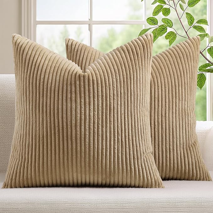 Mecatny Corduroy Decorative Throw Pillow Covers 24x24 Set of 2 for Sofa Living Room, Soft Neutral Boho Couch Pillow Covers for Home Decor, Khaki