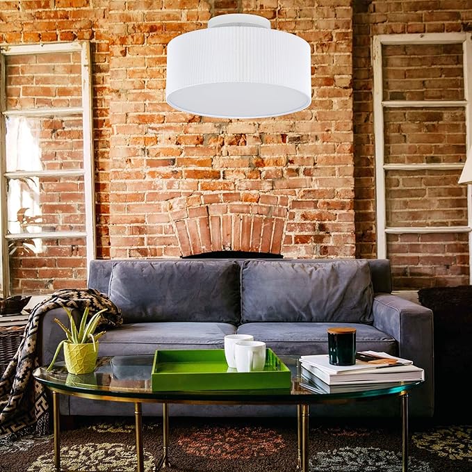 SomSom Ceiling Light, 15'' Modern Stripe Fabric Pendant Light Shade Flush Mount, Large Drum Lampshade, Lamps for bedrooms, Flush Chrome Matt, 3 Bulbs