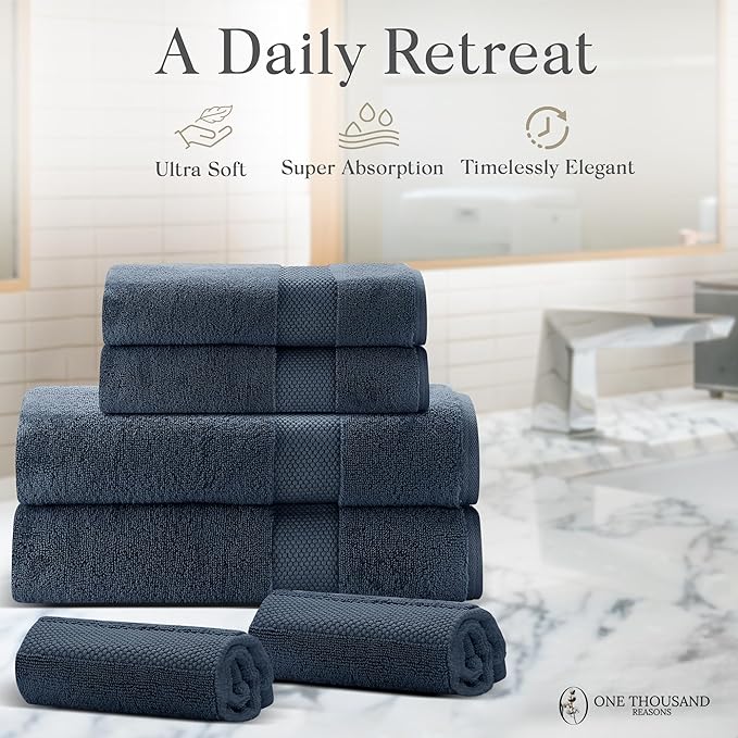 Premium Staple Cotton Bathroom Towel Set - Navy 600 GSM 6-Piece Luxury Bath Towel Set 1 Stripe - 2 Bath Towels, 2 Hand Towels & 2 Washclothes Set - High Absorbent & Quick Dry for Gym, Spa, Hotel