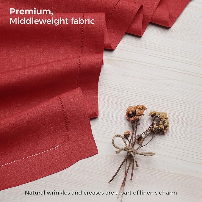 D'Moksha Homes Linen Bright Red Table Runner 36 Inches - 100% Pure Linen Small Table Runner 14 x 36 Inch Ideal for Dresser, Coffee Tables, Fall and Halloween - Classic Hemstitch - Classic Hemstitch
