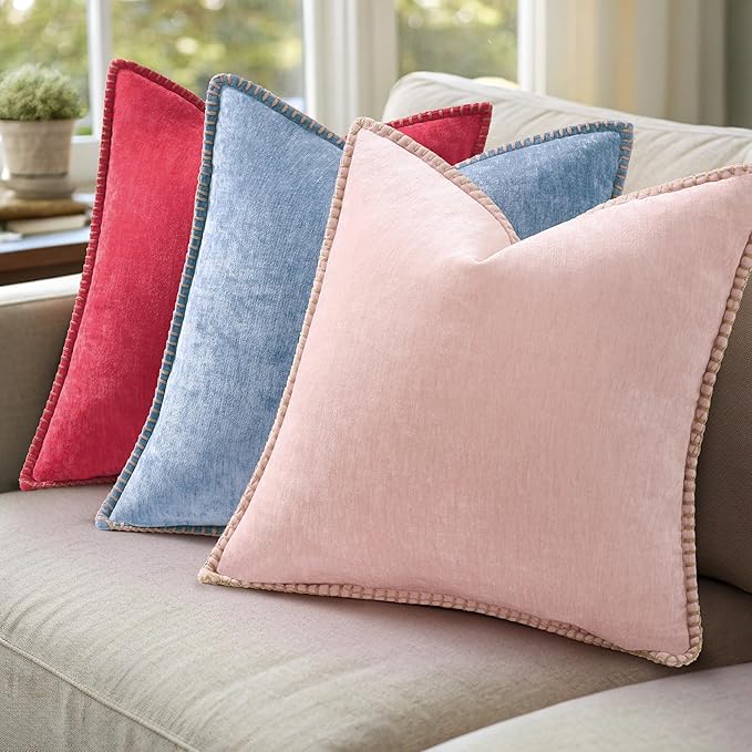 decorUhome Christmas Chenille Soft Throw Pillow Covers 22x22 Set of 2, Farmhouse Velvet Neutral Decorative Euro Pillow Covers with Stitched Edge for Couch Sofa Bed Home Decor, Christmas Red