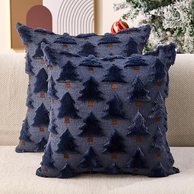 Christmas Pillow Covers 18x18 inch Set of 2 Navy Blue Xmas Decorations Soft Plush Faux Fur Wool Christmas Tree Throw Pillow Cases Winter Holiday Decor for Sofa Living Room PT002H18