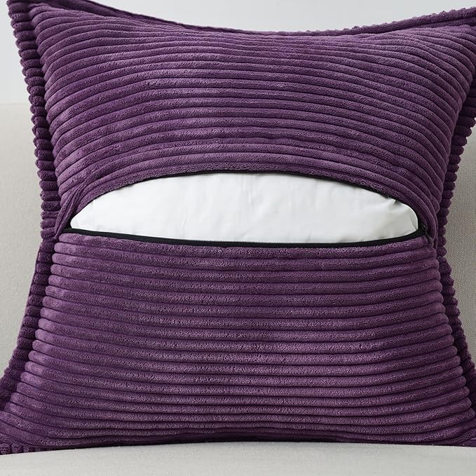 HAUSSY Purple Throw Pillow Covers 14x14 Inch Set of 2,Soft Solid Corduroy Striped/Wide Bordered,Square Decorative Cushion Case,Winter Home Decorations for Couch,Bed