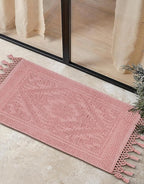 Savi Home Cotton Woven Jacquard Bathroom Rug Set of 2, Woven Fringe Bathroom Mats, 100% Cotton, Non - Slip Bath Mat, Durable Thick Bath Mat 17”x30”& 20"x38" with Fringes, Baby Pink