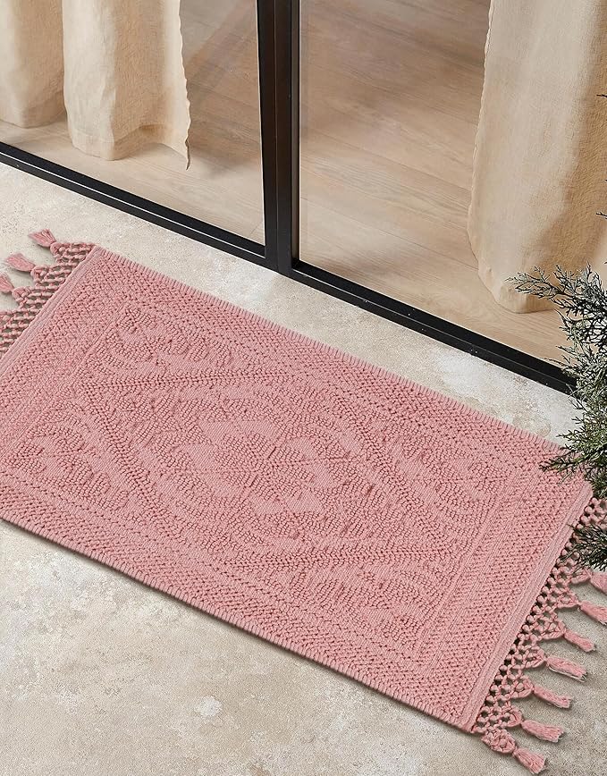 Savi Home Cotton Woven Jacquard Bathroom Rug Set of 2, Woven Fringe Bathroom Mats, 100% Cotton, Non - Slip Bath Mat, Durable Thick Bath Mat 17”x30”& 20"x38" with Fringes, Baby Pink