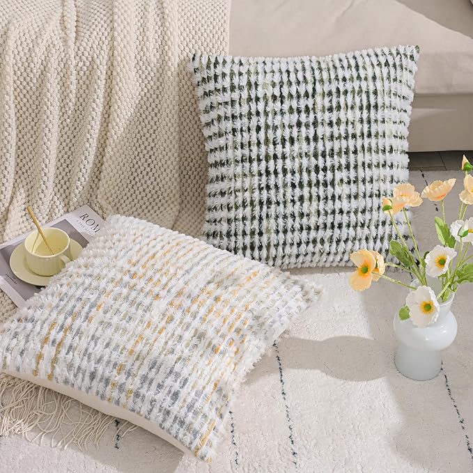 LUOYEHK Boho Throw Pillow Covers 18x18 Inch Set of 2 Chenille Tufted Pillowcase Farmhouse Neutral Cushion Covers for Couch Sofa Bed Living Room, Yellow White