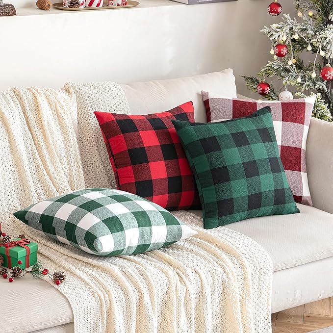 MIULEE Christmas Pack of 2 Classic Retro Checkers Plaids Polyester Linen Soft Solid Cushion Case Green and White Decorative Porch Throw Pillow Covers for Home Decor Sofa Bedroom Car 22 x 22 Inch