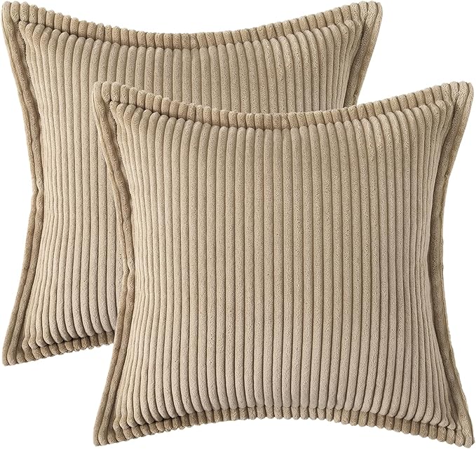 Mecatny Corduroy Throw Pillow Covers 26x26 Set of 2, Neutral Decorative Soft Boho Couch Pillow Covers with Broadside for Sofa Living Room, Khaki