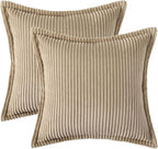 Mecatny Corduroy Throw Pillow Covers 20x20 Set of 2, Neutral Decorative Soft Boho Couch Pillow Covers with Broadside for Sofa Living Room, Khaki