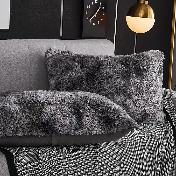 WERDIM Shaggy Fluffy Faux Fur Pillowcases 2 Pack Button Closure Velvet Pillow Shams Standard/Queen Size (Tie Dye Dark Grey, 20 X 26 Inches)