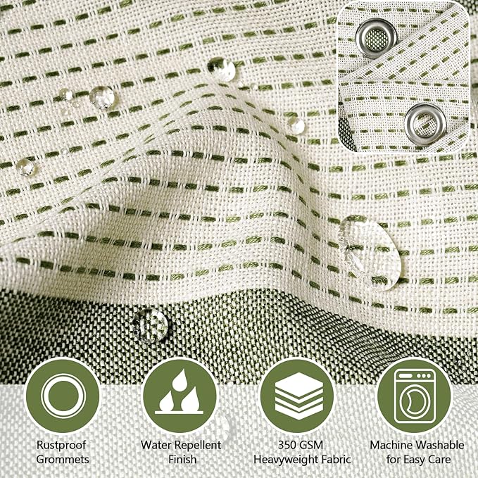 Boho Farmhouse Heavyweight Shower Curtain with Tassels, 350GSM Cotton Linen Woven Fabric Shower Curtain Striped, Sage Green Natural Country Bathroom Curtain Water Repellent
