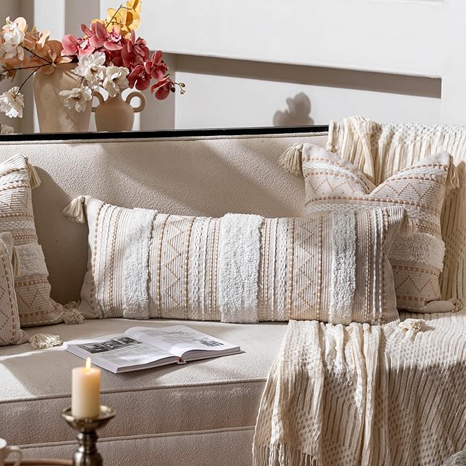 BlissBlush Cream Decorative Lumbar Throw Pillow Cover 14x36 Boho Long Cushion for Bed Neutral Accent Farmhouse Pillowcase for Bedroom Living Room Couch Sofa Home Décor (Cover ONLY, Pack of 1)