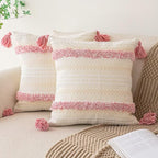 Boho Throw Pillow Covers 20x20 Set of 2 Woven Tufted Farmhouse Pillows Cover with Tassels Textured Striped Cushion Case Neutral Pillow Cases Decorative Pillowcase for Sofa, Couch, Bed, Pink