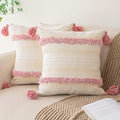 Boho Throw Pillow Covers 18x18 Set of 2 Woven Tufted Farmhouse Pillows Cover with Tassels Textured Striped Cushion Case Neutral Pillow Cases Decorative Pillowcase for Sofa, Couch, Bed, Pink