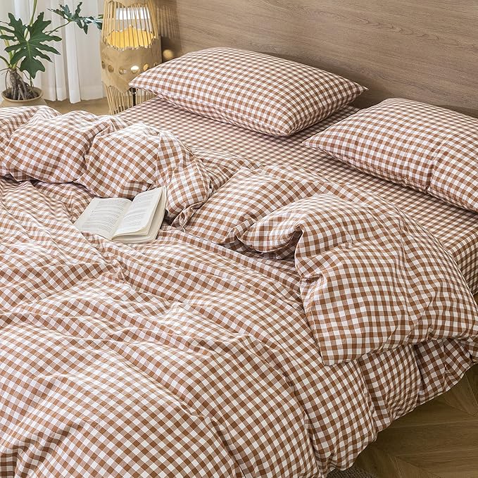 MooMee Gingham Duvet Cover Set 100% Washed Cotton Linen Like Textured Breathable Durable Soft Comfy Modern Checkered Design (Dark Orange Gingham, King 104"x90")