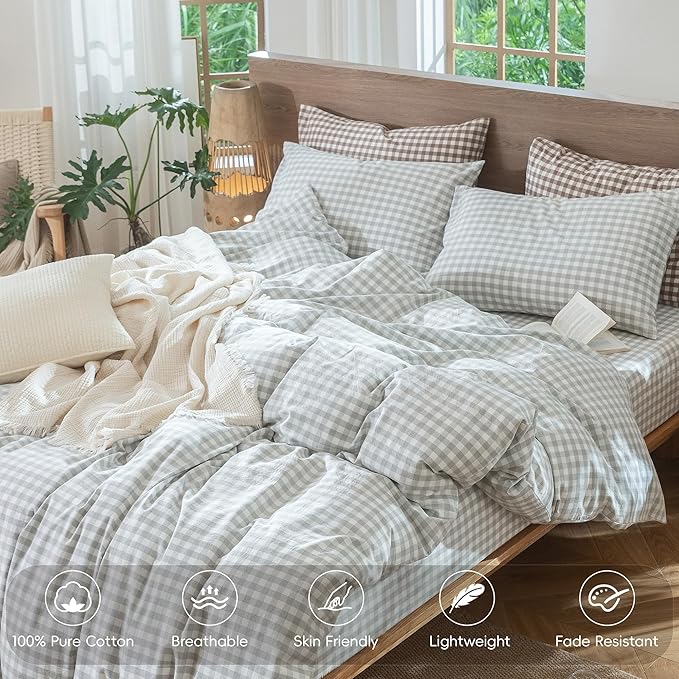 MooMee Gingham Duvet Cover Set 100% Washed Cotton Linen Like Textured Breathable Durable Soft Comfy Modern Checkered Design (Northern Droplet Grey Gingham, Cal King 104"x98")