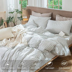 MooMee Gingham Duvet Cover Set 100% Washed Cotton Linen Like Textured Breathable Durable Soft Comfy Modern Checkered Design (Northern Droplet Grey Gingham, Oversized Queen 98"x98")