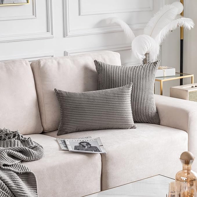 Home Brilliant Decorative Throw Pillow Covers 18x18 Inch for Living Room Couch Bed Sofa, Soft Striped Corduroy Square Pillow Covers, Set of 2, 18 x 18, Ash Grey