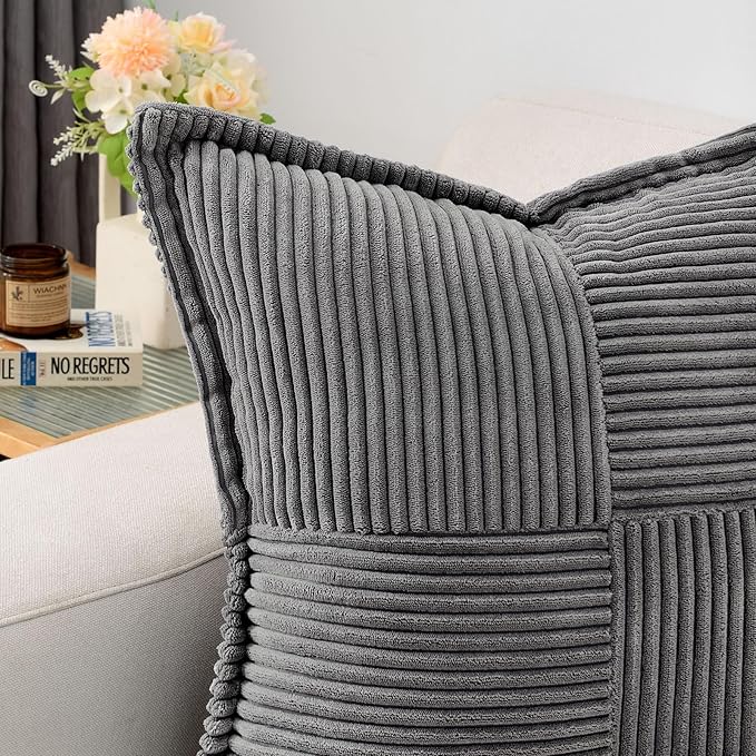 HAUSSY Dark Grey Decorative Throw Pillow Covers 24x24 Inch Set of 2,Soft Solid Corduroy Striped Cushion Case,Square Euro Pillow Shams,Winter Home Decorations for Couch,Bed