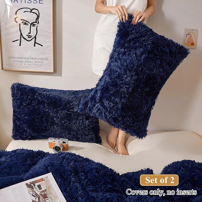 XeGe Faux Fur Throw Pillow Cases, Plush Shaggy Ultra Soft Pillow Covers, Fluffy Crystal Velvet Decorative Pillowcases, Furry Fuzzy Pillow Shams Zipper Closure, Set of 2 (King, Navy Blue)