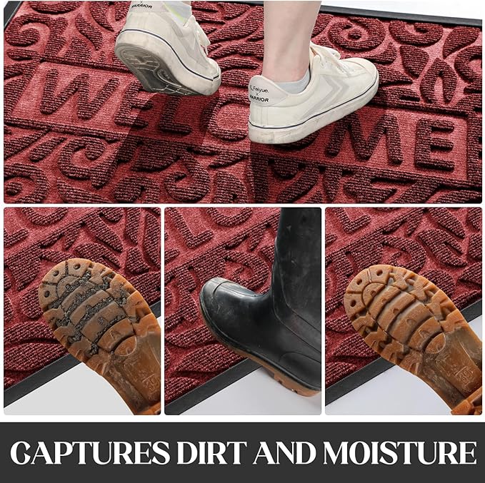 Yimobra Large Welcome Mat 60x36, Waterproof Non-Slip Outdoor Mats for Front Door Outside Entrance, Low-Profile Entryway Mat Indoor for Garage Patio, Wine Red