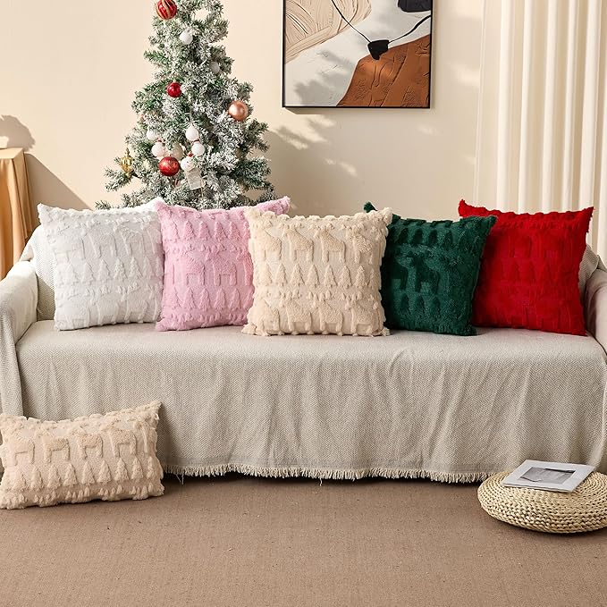 DFXSZ Christmas Pillow Covers 20x20 inch Set of 2 Beige Christmas Tree Elk Decoration Soft Plush Faux Fur Jacquard Throw Pillows for Bedroom Sofa Holiday Festivals Winter Home Decor PTK069C20