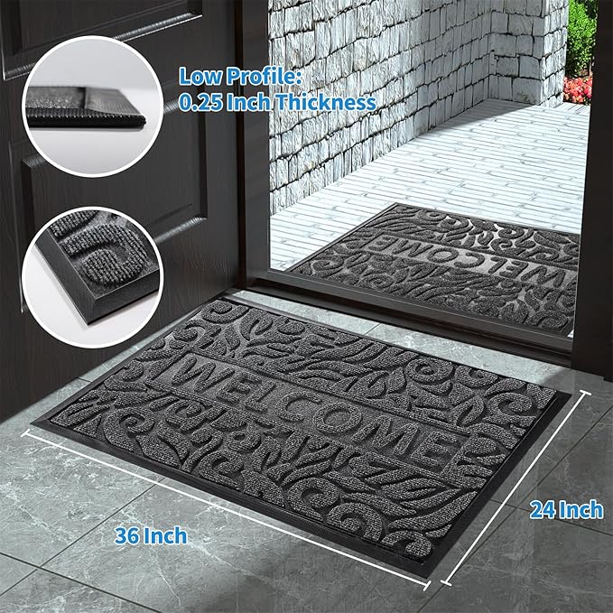 Yimobra Large Welcome Mat 36x24, Waterproof Non-Slip Outdoor Mats for Front Door Outside Entrance, Low-Profile Entryway Mat Indoor for Garage Patio, Grey