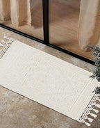 Savi Home Cotton Woven Jacquard Bathroom Rug Set of 2, Woven Fringe Bathroom Mats, 100% Cotton, Non - Slip Bath Mat, Durable Thick Bath Mat 17”x30”& 20"x38" with Fringes, Ivory