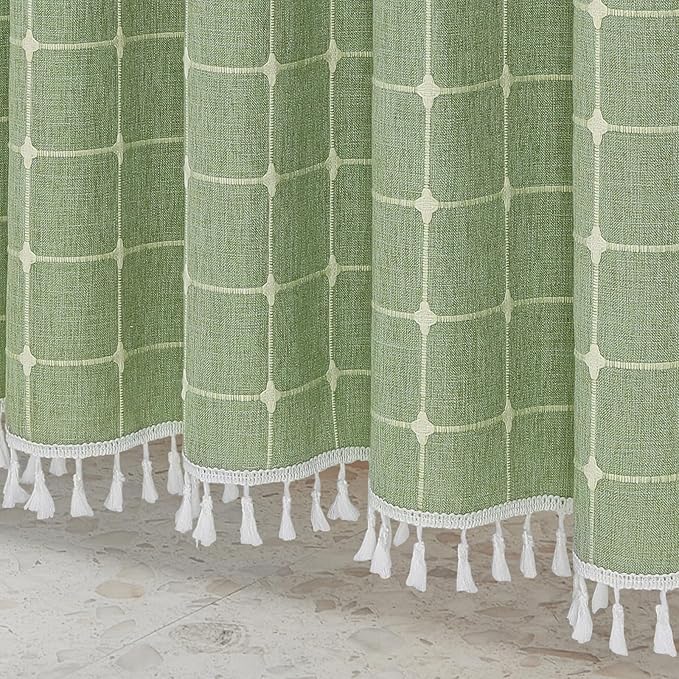 MitoVilla Boho Small Stall Shower Curtain 36 x 72, Sage Green Half Size Narrow Polyester Linen Tassel Cloth Fabric Shower Curtains for Chic Modern Farmhouse Country Bathroom Decor