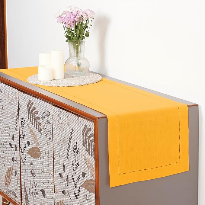 D'Moksha Homes Linen Sunflower Yellow Table Runner 48 Inches - Classic Hemstitch, 100% Pure Linen Coffee Table Runner 14 x 48 Inch Ideal for Dresser Tables - Fall, Autumn and Halloween