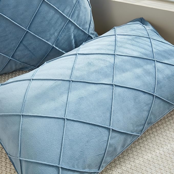 JAUXIO Diamond Pinch Pleated Crystal Velvet Pillowcases 2 Pack Solid Pintuck Throw Cushion Cover for Home Decor Hidden Zipper Closure (Dusty Blue, King)