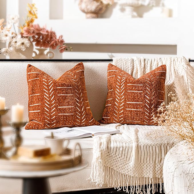 BlissBlush Fall Brick Red Decorative Throw Pillow Covers 22X22, Set of 2, Boho Farmhouse Cushion Cover, Cozy Soft Accent Pillowcase for Couch Sofa Bed Living Room Home Décor
