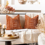 BlissBlush Fall Brick Red Decorative Throw Pillow Covers 18X18, Set of 2, Boho Farmhouse Cushion Cover, Cozy Soft Accent Pillowcase for Couch Sofa Bed Living Room Home Décor