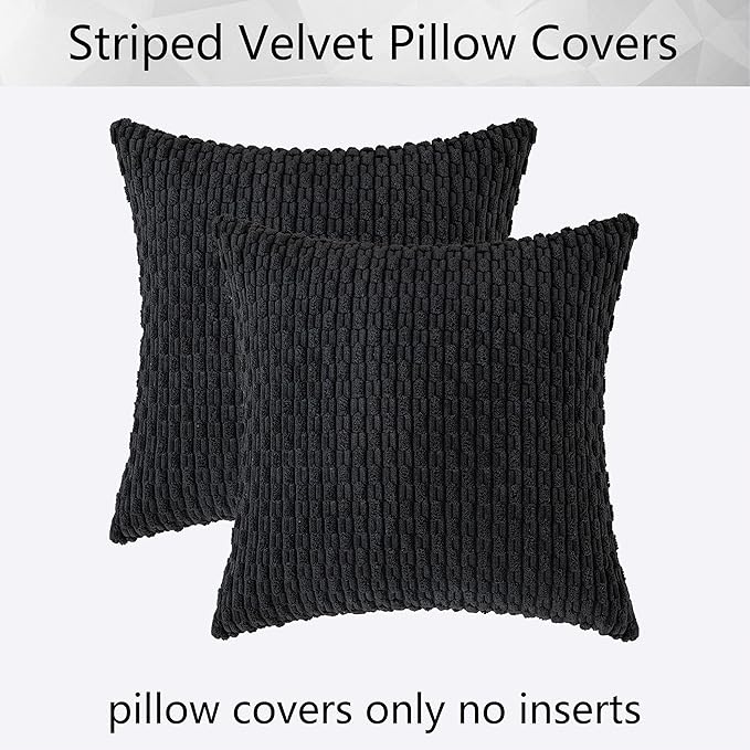 Kevin Textile Pack of 2 Corduroy Decorative Throw Pillow Covers 22x22 Inch Soft Boho Striped Pillow Covers Modern Farmhouse Home Decor for Spring Sofa Living Room Couch Bed Black